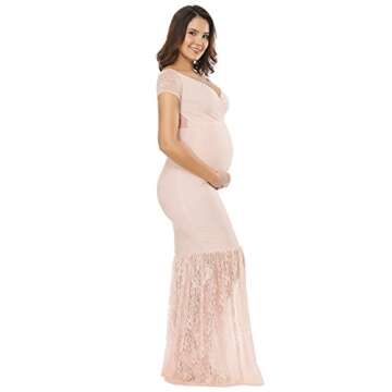 JustVH Women's Off Shoulder Short Sleeve V Neck Lace Maternity Gown Maxi Photography Dress Peach Pink