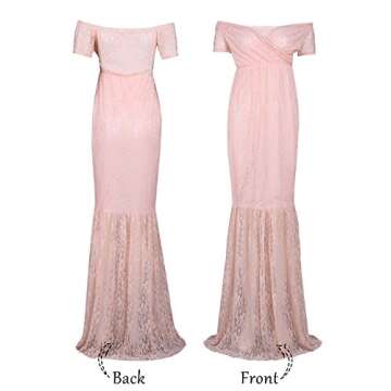 JustVH Women's Off Shoulder Short Sleeve V Neck Lace Maternity Gown Maxi Photography Dress Peach Pink