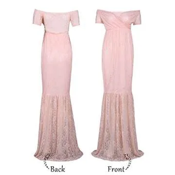 JustVH Women's Off Shoulder Short Sleeve V Neck Lace Maternity Gown Maxi Photography Dress Peach Pink