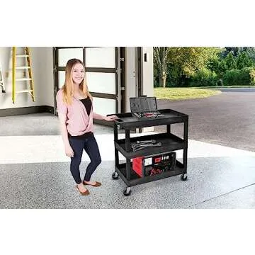 Offex 32" x 18" Mobile Multipurpose Utility Tub Cart with 3 Shelves and Ergonomic Handle - Black, Great for Warehouse, Garage and More