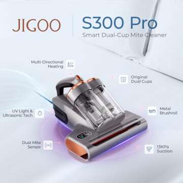JIGOO Bed Vacuum Cleaner with Dust Sensor: 500W 13Kpa Mattress Vacuum Cleaner with UV & Ultrasonic a...