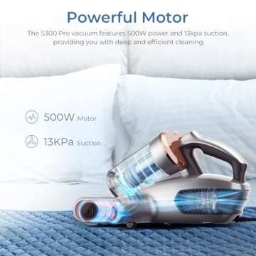 JIGOO Bed Vacuum Cleaner with Dust Sensor: 500W 13Kpa Mattress Vacuum Cleaner with UV & Ultrasonic and High Heating,Anti-allergen Powerful Handheld Bed Vacuums for Mattress (S300 Pro, Corded)