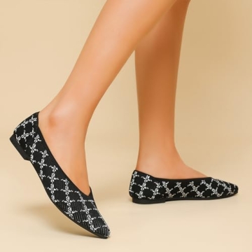 TINGRISE Women's Pointed Toe Knit Ballet Flats Comfortable Slip-On