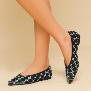 TINGRISE Women's Pointed Toe Knit Ballet Flats Comfortable Slip-On