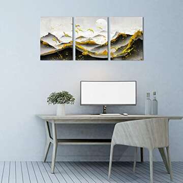 SkenoArt 3 Piece Abstract Black White and Gold Wall Art Mountain Sunrise Bird Landscape Picture Painting Print Nordic Style Nature Scenery Artwork for Living Room Bedroom Home Office Decor