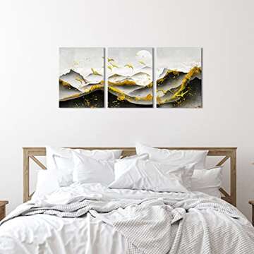SkenoArt 3 Piece Abstract Black White and Gold Wall Art Mountain Sunrise Bird Landscape Picture Painting Print Nordic Style Nature Scenery Artwork for Living Room Bedroom Home Office Decor