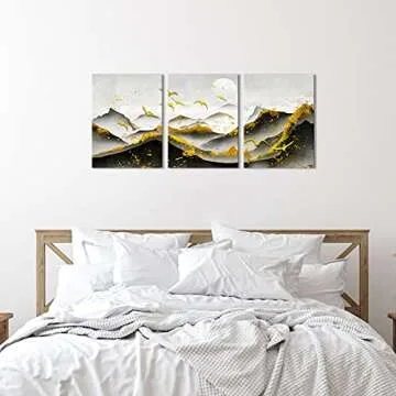 SkenoArt 3 Piece Abstract Black White and Gold Wall Art Mountain Sunrise Bird Landscape Picture Painting Print Nordic Style Nature Scenery Artwork for Living Room Bedroom Home Office Decor
