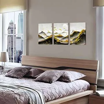 SkenoArt 3 Piece Abstract Black White and Gold Wall Art Mountain Sunrise Bird Landscape Picture Painting Print Nordic Style Nature Scenery Artwork for Living Room Bedroom Home Office Decor