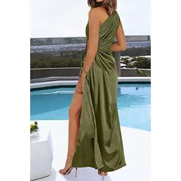 PRETTYGARDEN Women's 2024 Summer One Shoulder Satin Dress Cutout High Split Cocktail Wedding Guest Maxi Dresses (Dark Army Green,Medium)