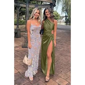 PRETTYGARDEN Women's 2024 Summer One Shoulder Satin Dress Cutout High Split Cocktail Wedding Guest Maxi Dresses (Dark Army Green,Medium)