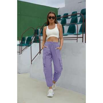 DLOODA Quick Dry Cargo Pants Lightweight Tactical Hiking Pants with 6 Pockets for Women, Elastic Waist and Water-Resistant Purple