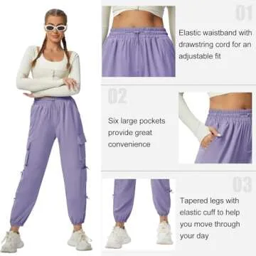 DLOODA Quick Dry Cargo Pants Lightweight Tactical Hiking Pants with 6 Pockets for Women, Elastic Waist and Water-Resistant Purple
