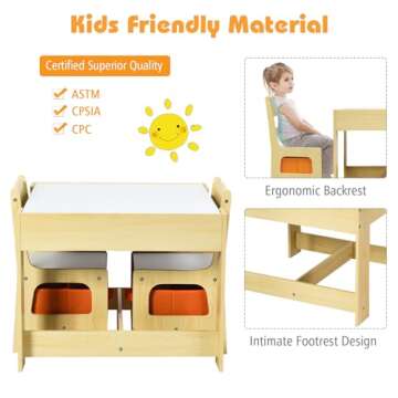 Costzon Kids Table and Chair Set, 3 in 1 Wooden Activity Table with Storage Drawer, Detachable Tabletop for Children Drawing Reading Art Craft, Playroom, Nursery, Toddler Table and Chair Set, Natural