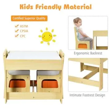 Costzon Kids Table and Chair Set, 3 in 1 Wooden Activity Table with Storage Drawer, Detachable Tabletop for Children Drawing Reading Art Craft, Playroom, Nursery, Toddler Table and Chair Set, Natural