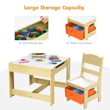 Costzon Kids Table and Chair Set, 3 in 1 Wooden Activity Table with Storage Drawer, Detachable Tabletop for Children Drawing Reading Art Craft, Playroom, Nursery, Toddler Table and Chair Set, Natural