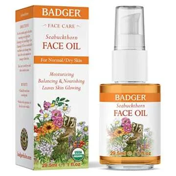 Badger Face Oil, Seabuckthorn, Certified Organic, Seabuckthorn Oil, Organic Face Oil, Moisturizing Facial Oil, Natural Face Oil, 1 oz Glass Bottle