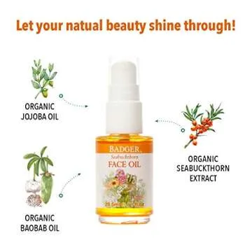 Badger Face Oil, Seabuckthorn, Certified Organic, Seabuckthorn Oil, Organic Face Oil, Moisturizing Facial Oil, Natural Face Oil, 1 oz Glass Bottle