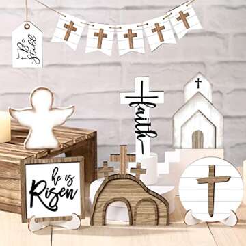 Easter Tiered Tray Decor Easter Table Wooden Sign Decorations He is Risen Cross Tabletop Farmhouse D...