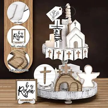 Easter Tiered Tray Decor Easter Table Wooden Sign Decorations He is Risen Cross Tabletop Farmhouse Decor for Easter Kitchen Home Party Holiday (Cross Style, 12 Pcs)