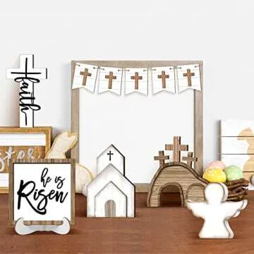 Easter Tiered Tray Decor Easter Table Wooden Sign Decorations He is Risen Cross Tabletop Farmhouse Decor for Easter Kitchen Home Party Holiday (Cross Style, 12 Pcs)
