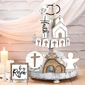 Easter Tiered Tray Decor Easter Table Wooden Sign Decorations He is Risen Cross Tabletop Farmhouse Decor for Easter Kitchen Home Party Holiday (Cross Style, 12 Pcs)
