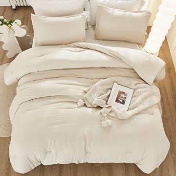 Litanika Queen Comforter Set Beige, 3 Pieces Lightweight Fluffy Solid Bedding Comforter Set, Down Alternative Comforter All Season Bed Set Gift Choice