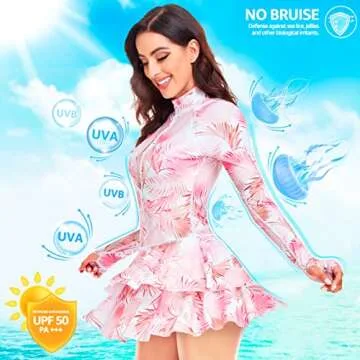 UNIQUEBELLA Rash Guard for Women, 1 Piece Modest Swimsuits for Women - Long Sleeve Swimsuits UV UPF 50+ Pink