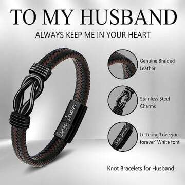 JoycuFF Gift for Husband Anniversary Birthday Gifts for Him from Wife, To My Husband Gift Ideas Knot Leather Bracelet for Men Always Linked Together Love You Forever To My Man Mens Leather Bracelets