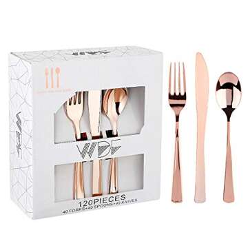 WDF 120 Piece Rose Gold Plastic Silverware Set for Parties