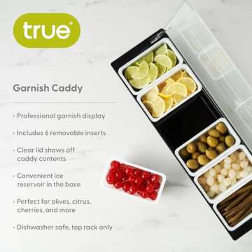 True Caddy with 6 Compartment and Lid Storing Garnishes, Fruits Olives Lemons, for Restaurants, Home Bars, Hosting Essentials, Bartender Supplies, Set of 1, Black
