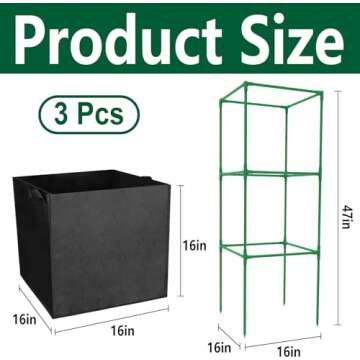3 Packs 47 x 16 x 16 Inch Garden Tomato Cages with 17.7 Gallon Grow Bags- Square Plant Support Trell...