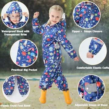 Kids Rain Suit for Boys One Piece Hoodie Zipper Cartoon Waterproof Coverall Toddler Rain Jacket, 8-1...
