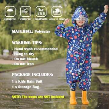 Kids Rain Suit - Cartoon Waterproof Coverall for Ages 8-10