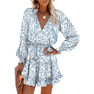 Asvivid Boho Floral Print Smocked Ruffle Dress for Women Casual Long Sleeve Pattern Loose Flowy Swin...