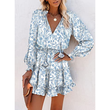 Asvivid Boho Floral Print Smocked Ruffle Dress for Women Casual Long Sleeve Pattern Loose Flowy Swing Shift Dress Club Party Skater Dress Casual Mini Dress White L