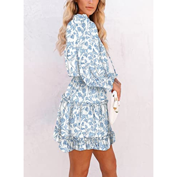 Asvivid Boho Floral Print Smocked Ruffle Dress for Women Casual Long Sleeve Pattern Loose Flowy Swing Shift Dress Club Party Skater Dress Casual Mini Dress White L
