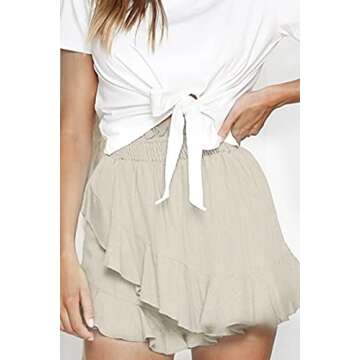 KINGFEN Skorts Skirts for Women Skater Mini Wrap Skirt Beach Flowy High Waisted Shorts for Summer Beige Medium