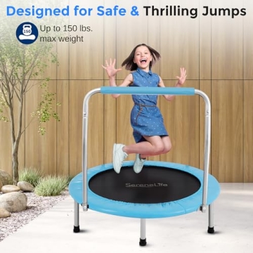 SereneLife 36" Mini Foldable Toddler Trampoline with Handle Bar, Spring-Free Rebounder Trampoline for Kids, Indoor/Garden Fitness & Play, Exercise Fun, Supports 150 lbs, Sky Blue