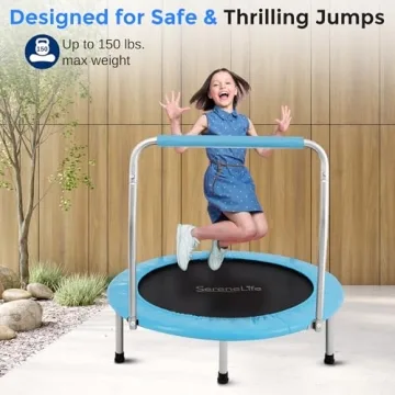 SereneLife 36" Mini Foldable Toddler Trampoline with Handle Bar, Spring-Free Rebounder Trampoline for Kids, Indoor/Garden Fitness & Play, Exercise Fun, Supports 150 lbs, Sky Blue