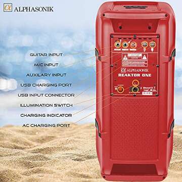 Alphasonik Reaktor One Portable Party Speaker Box High Power Alpha Bass Technology Wireless Bluetooth Mic and Guitar Inputs Phone Charger USB Player AUX App Control Long Lasting Battery up to 18 Hours