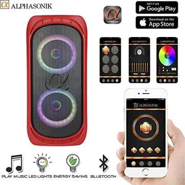 Alphasonik Reaktor One Portable Party Speaker Box High Power Alpha Bass Technology Wireless Bluetooth Mic and Guitar Inputs Phone Charger USB Player AUX App Control Long Lasting Battery up to 18 Hours
