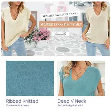 Famulily Plus Size Oversized Tee Summer Ribbed Knit Sweater Vest Deep V-Neck Cap Sleeve Tank Top Black XL