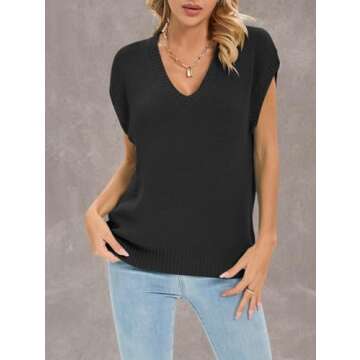 Famulily Plus Size Oversized Tee Summer Ribbed Knit Sweater Vest Deep V-Neck Cap Sleeve Tank Top Black XL