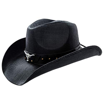 Queue Essentials Men & Women's Woven Straw Cowboy Cowgirl Hat Western Outback w/Wide Brim (Black Bul...