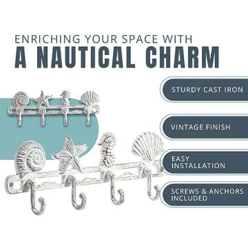 Comfify Vintage Seashell Coat Hook Hanger Rustic Cast Iron Wall Hanger w/ 4 Decorative Hooks - Inclu...