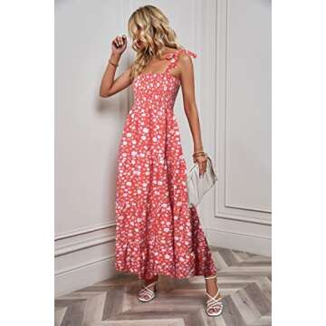 kinstell Women's Summer Boho Spaghetti Strap Square Neck Ruffle Casual Flowy Long Dress Beach Swing Party Maxi Dress