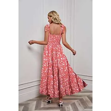 kinstell Women's Summer Boho Spaghetti Strap Square Neck Ruffle Casual Flowy Long Dress Beach Swing Party Maxi Dress