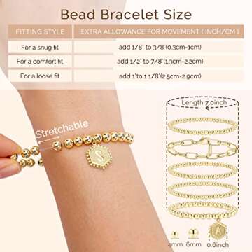 shownee Gold Beaded Bracelet for Women - 14K Real Gold Plated Bead Bracelet Stretchable Elastic Chain Ball Bracelet Kit Jewelry Gifts with Letter Pendant M