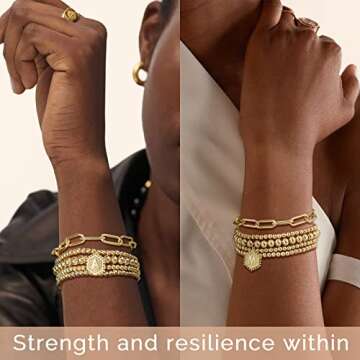 shownee Gold Beaded Bracelet for Women - 14K Real Gold Plated Bead Bracelet Stretchable Elastic Chain Ball Bracelet Kit Jewelry Gifts with Letter Pendant M