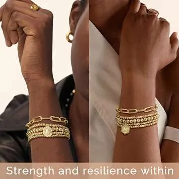 shownee Gold Beaded Bracelet for Women - 14K Real Gold Plated Bead Bracelet Stretchable Elastic Chain Ball Bracelet Kit Jewelry Gifts with Letter Pendant M